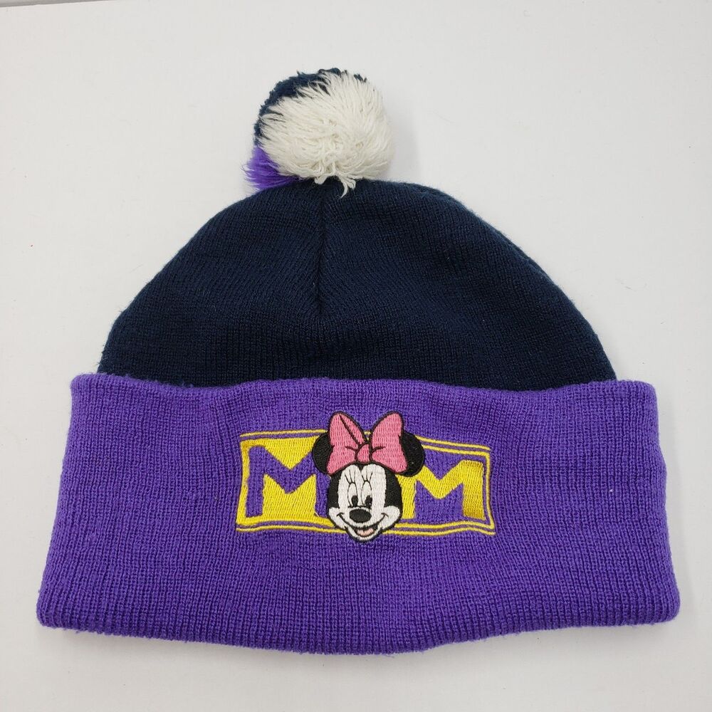 Vintage Disney Mickey Unlimited Minnie Mouse MOM Beanie Hat Purple Navy Knit Pom - Picture 7 of 11